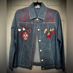 Women's Red Embroidered Blue Denim Jacket with Colorful Floral, & Skull Patches